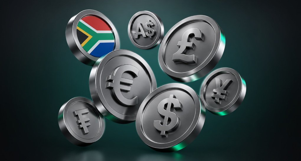 Metallic 3D coins with currency symbols — South African flag, A$, GBP, EUR, USD, JPY — on a dark green background